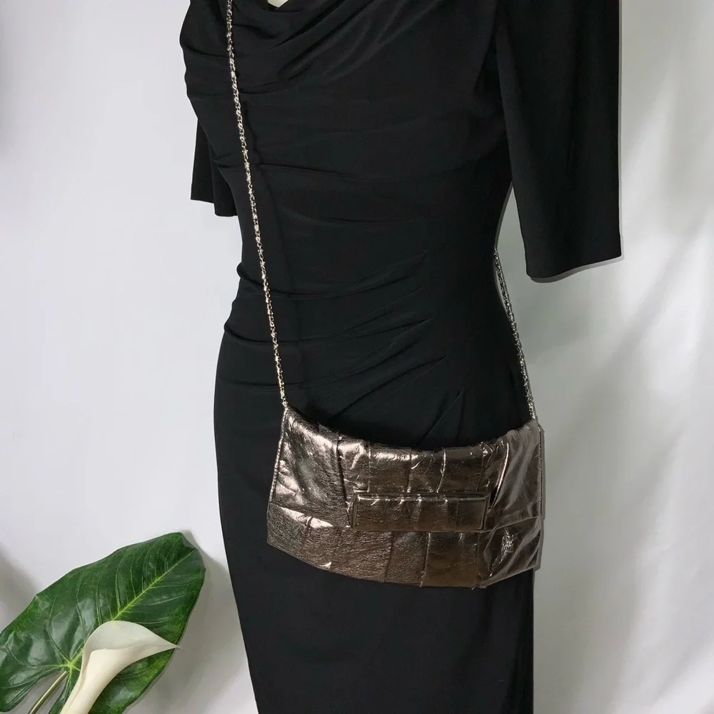 Kate Landry Shiny Platinum Pleated Clutch Chain Crossbody or Shoulder 10X6